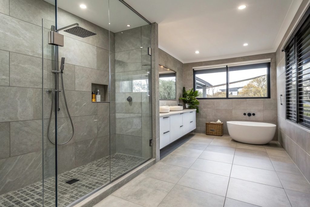Frameless glass shower with rain shower head in luxury Hobart bathroom