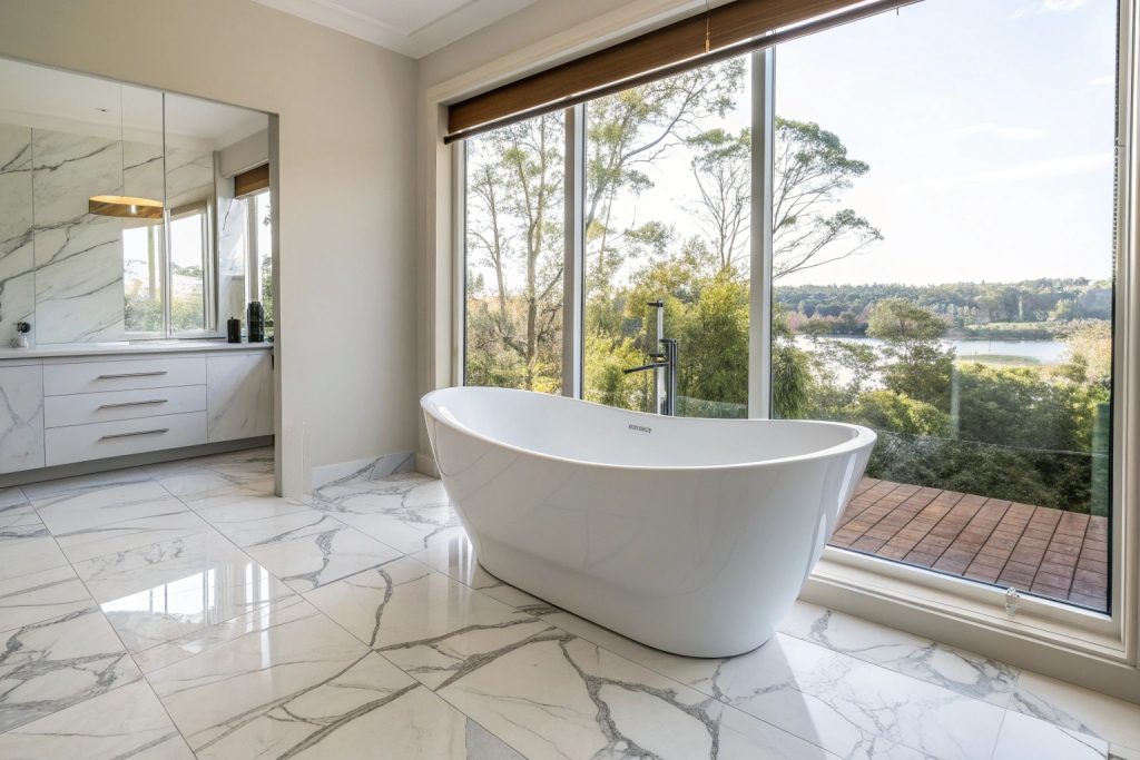 Luxury freestanding bath in modern Hobart bathroom renovation with marble tiles