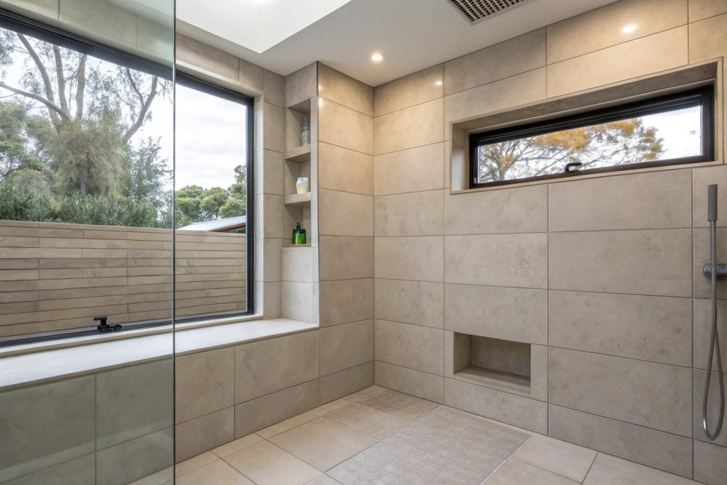 Custom bespoke bathroom renovation with large-format tiling in a Hobart home