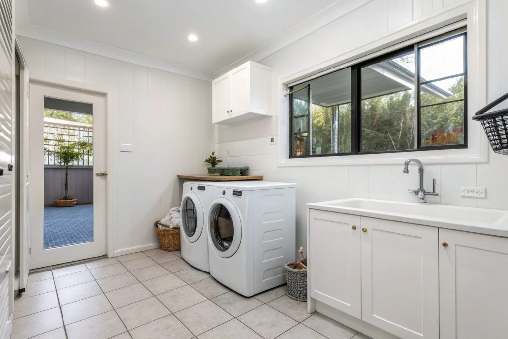 Australian home laundry room with white walls and tiled flooring in a Hobart renovation