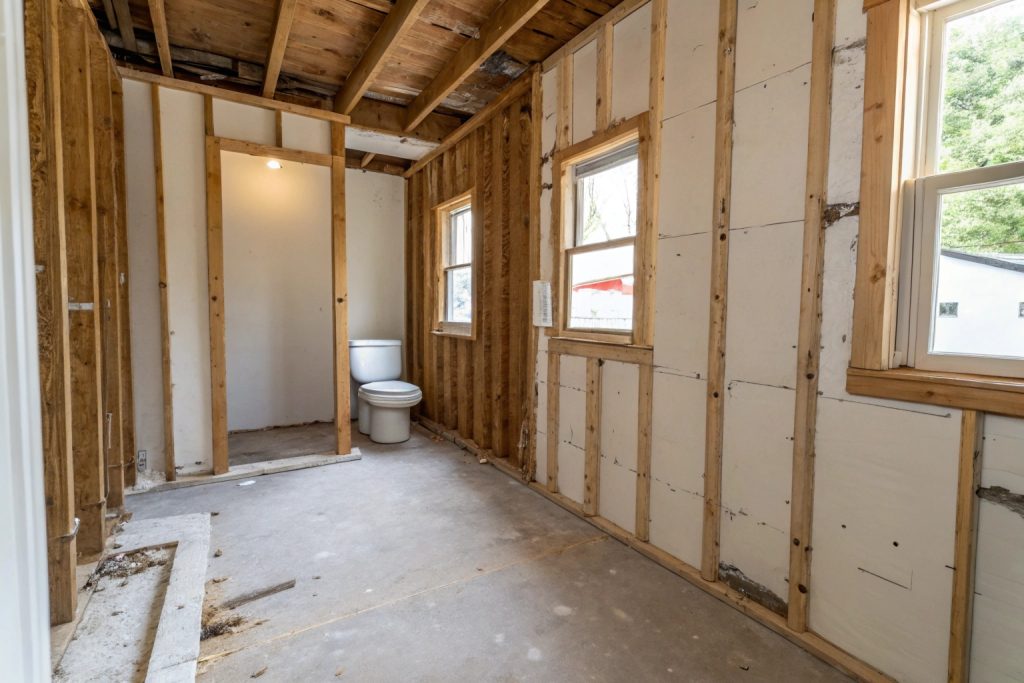 Bathroom stripped back to the timber frame during a renovation