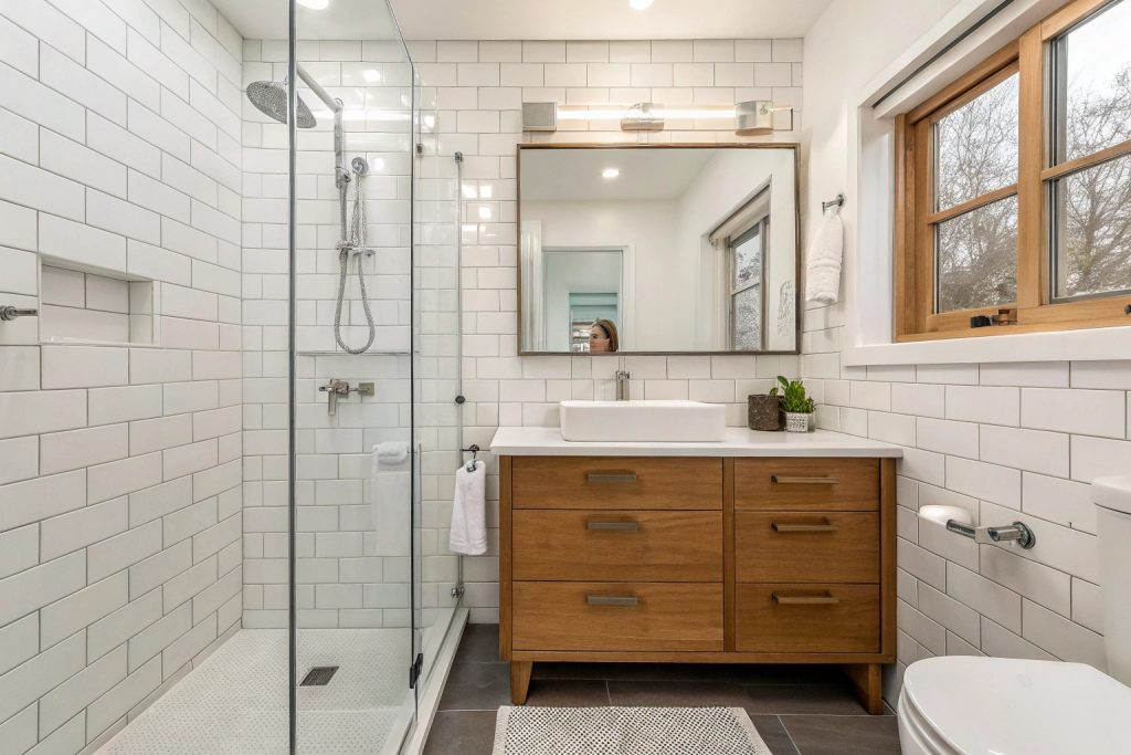 Clean modern accessible bathroom with walk-in shower in a Hobart home
