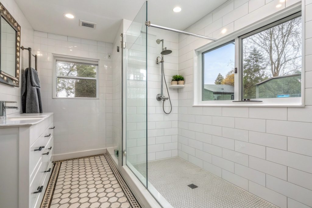 Floor-to-ceiling tiled shower with modern fixtures in Hobart home