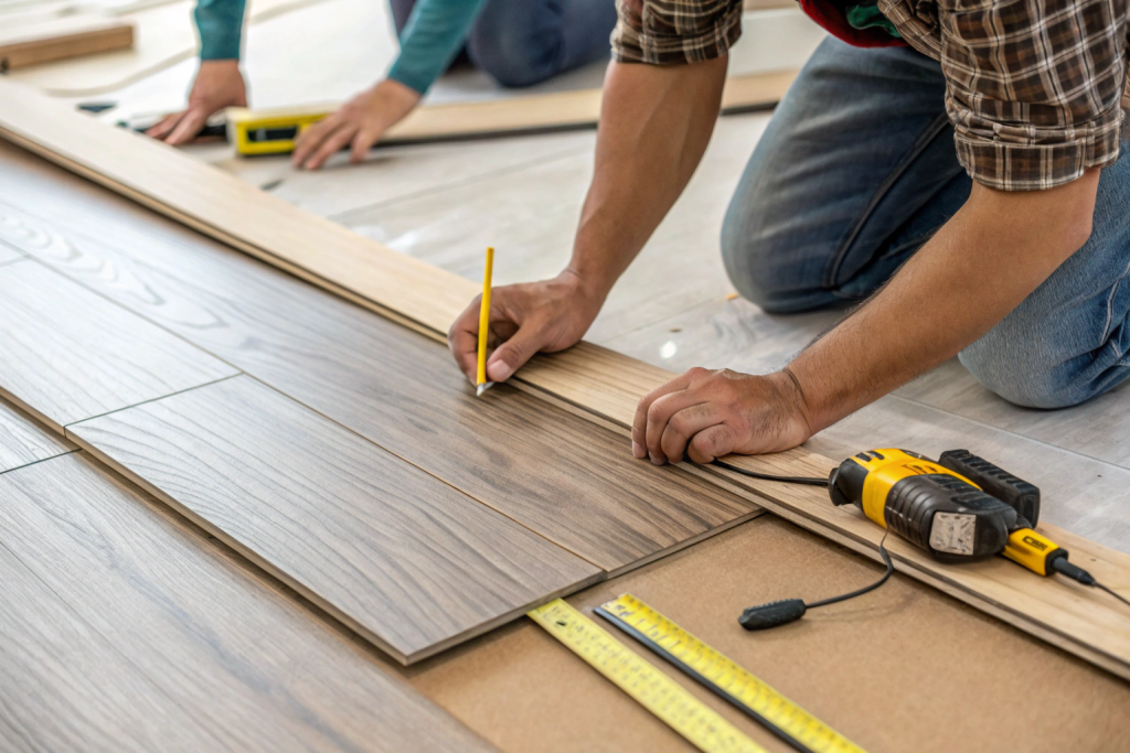Close-up of hands installing click-lock hybrid flooring in a Hobart home