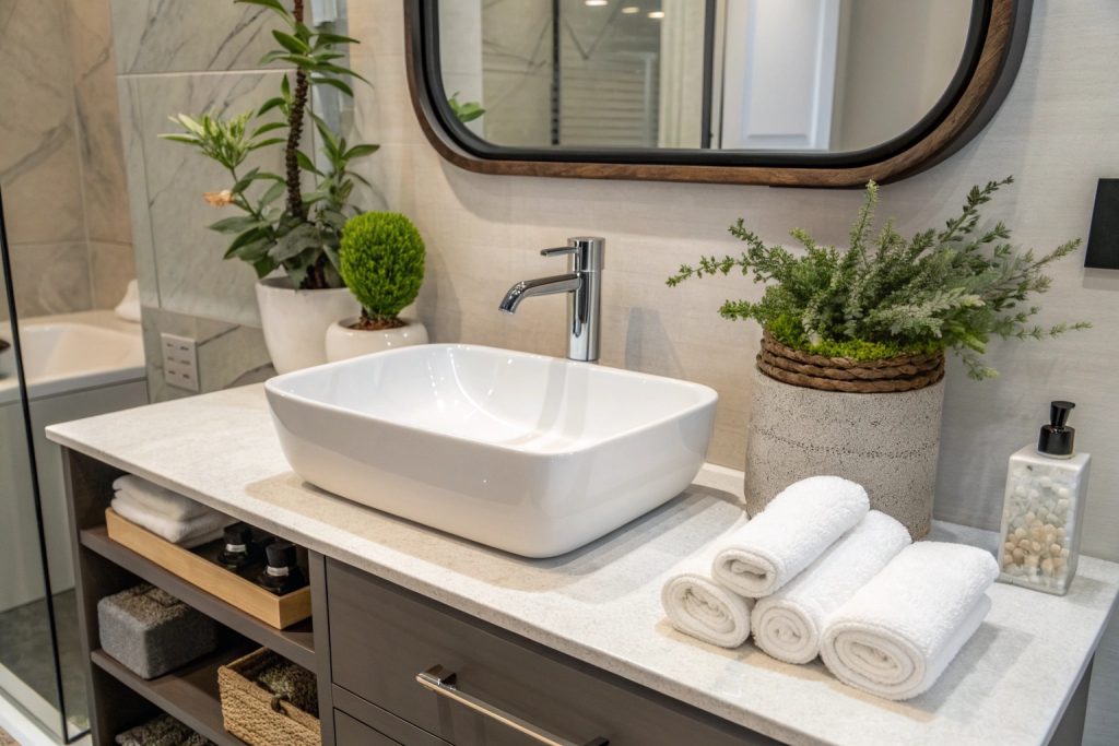 Close-up of a contemporary bathroom vanity with vessel sink and modern tapware