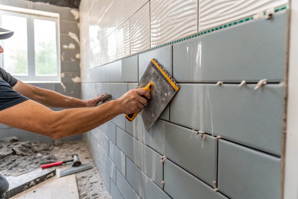 Professional tiler installing shower tiles in Hobart home