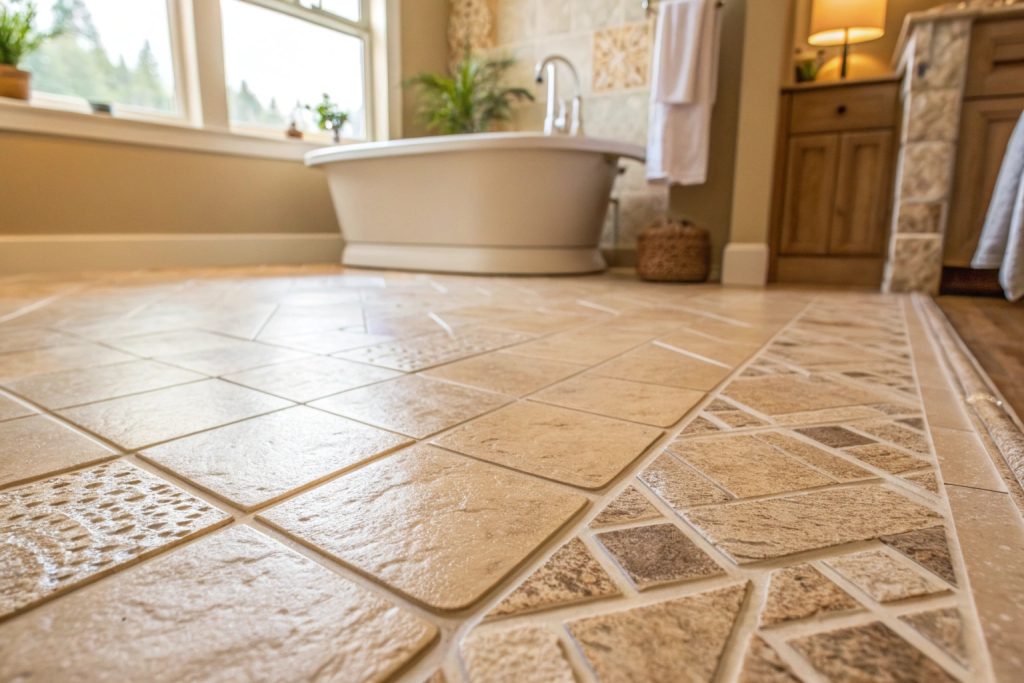 Close-up of matte finish bathroom floor tiles installed in a Hobart bathroom