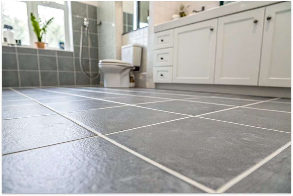 Perfectly level bathroom floor tiles showing professional floor preparation results