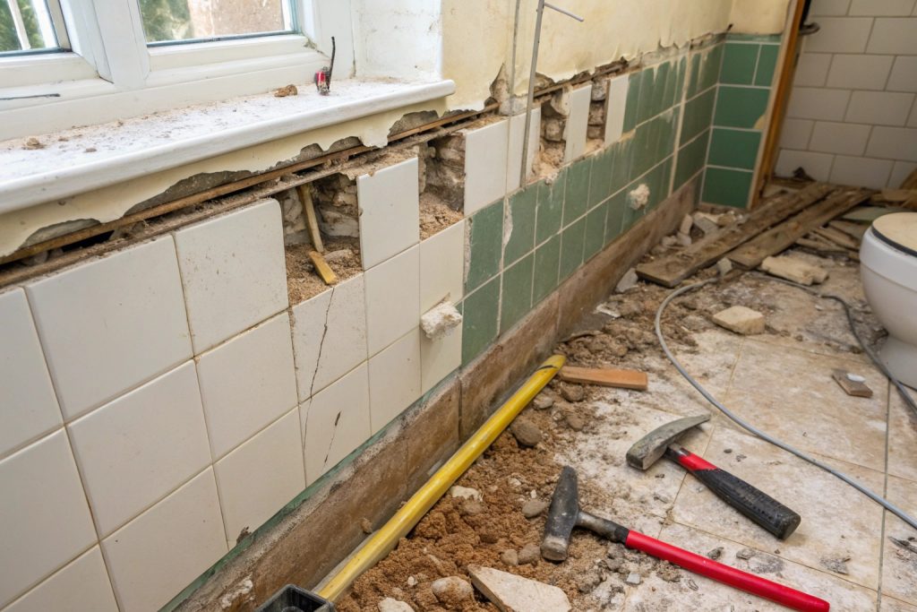 Older bathroom wall with tiles partly removed and tools on the floor