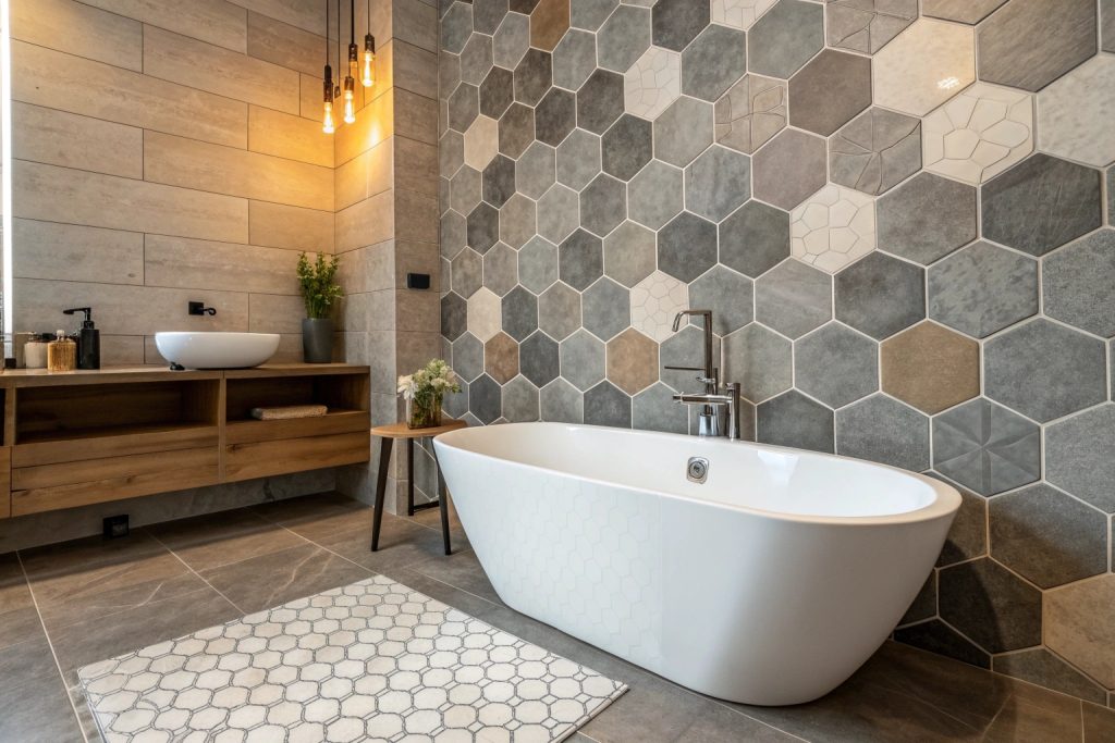 Hexagonal tile feature wall behind bathtub in Hobart bathroom