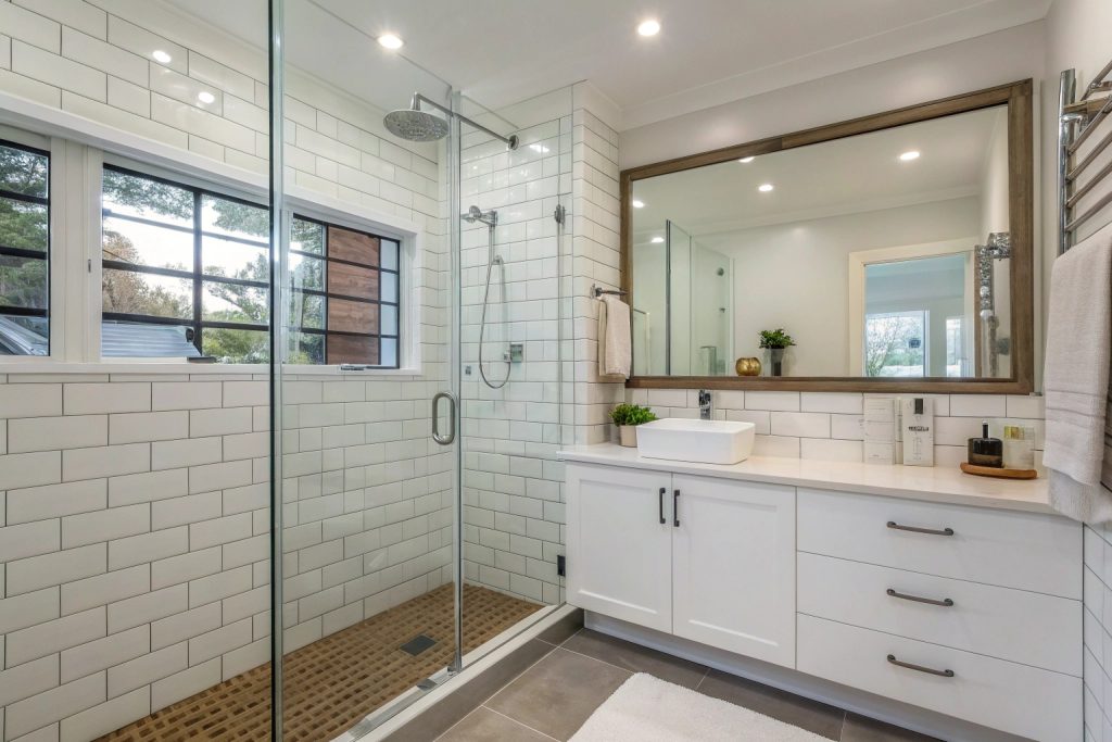 Frameless shower screen and modern fixtures in updated Hobart bathroom