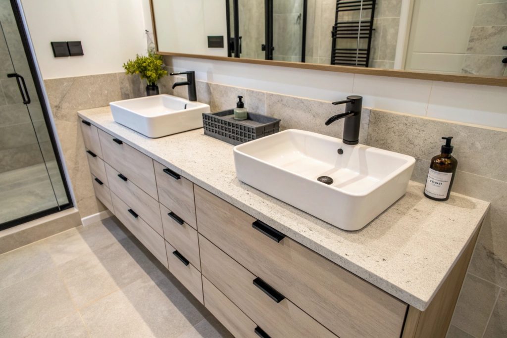 Double vanity with stone benchtop in renovated Hobart ensuite