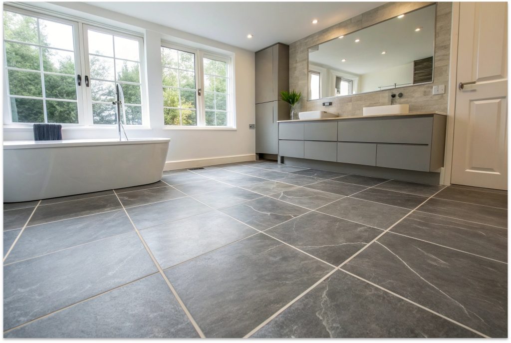 Finished bathroom floor with professional floor levelling ensuring perfect tile installation