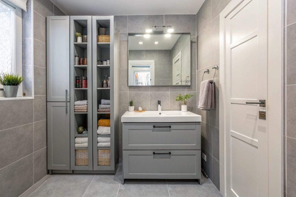 Small contemporary bathroom with vertical storage in a Hobart home