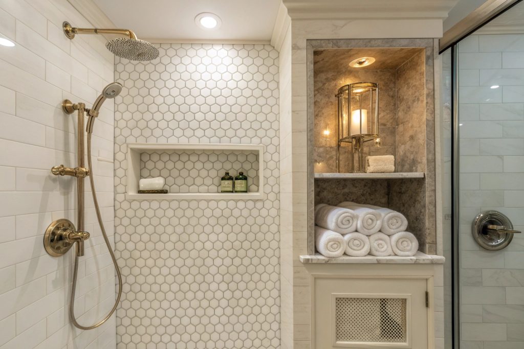 Bathroom shower niche with white penny round mosaic tile backing
