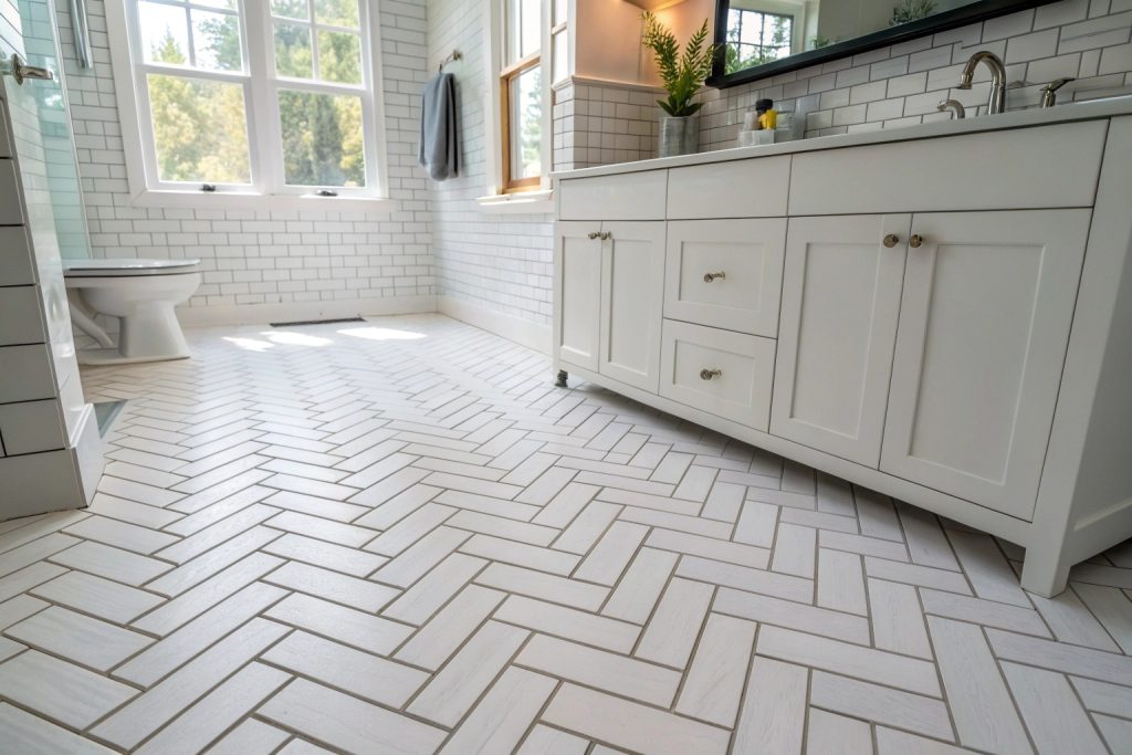 Herringbone pattern bathroom floor tiles professionally installed Hobart