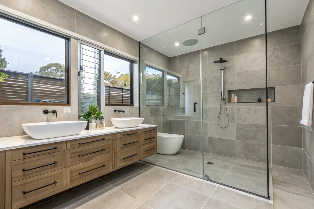 High-end bathroom renovation showing completed waterproofing