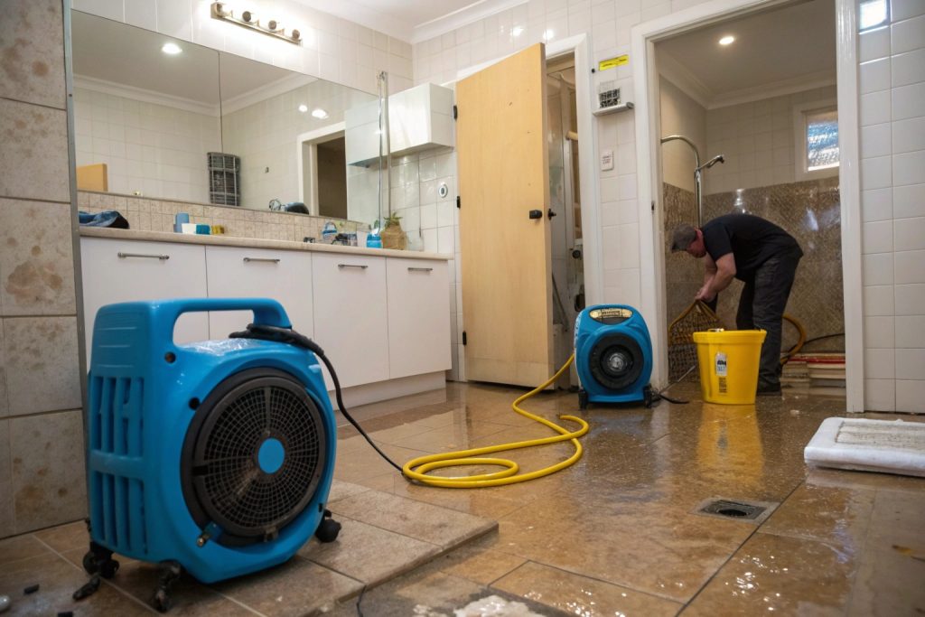Professional drying equipment removing moisture during water damage repair in Hobart bathroom