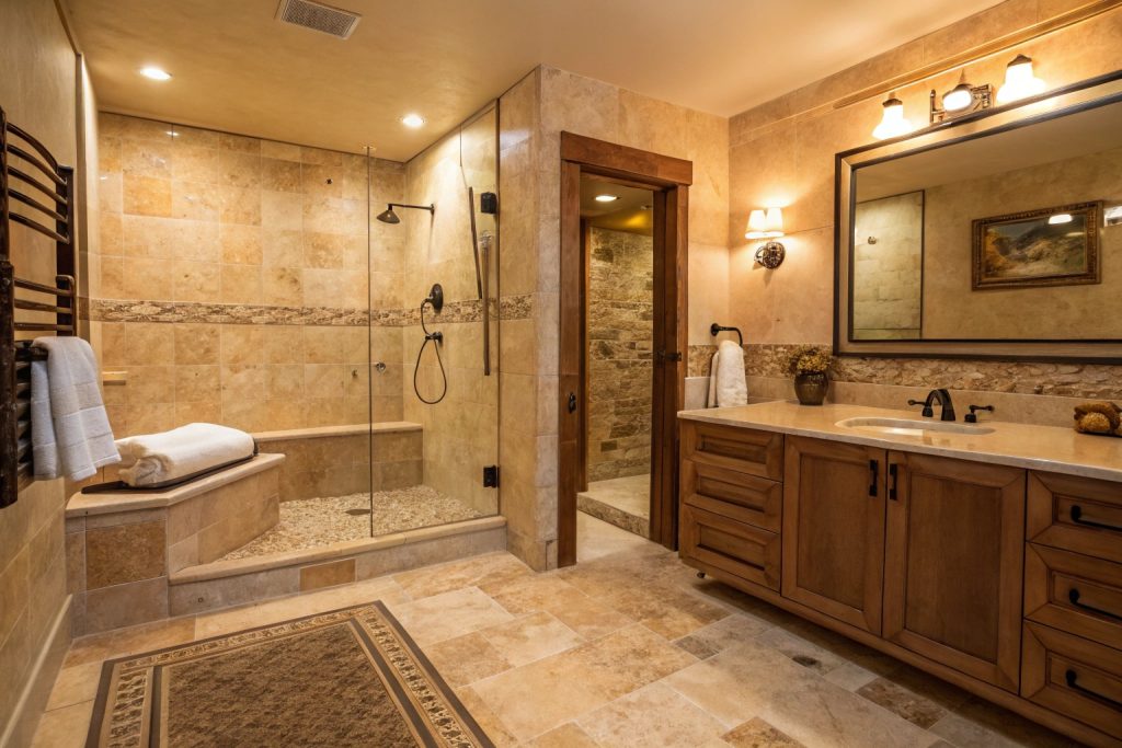 Natural stone tile flooring in luxury bathroom renovation Hobart