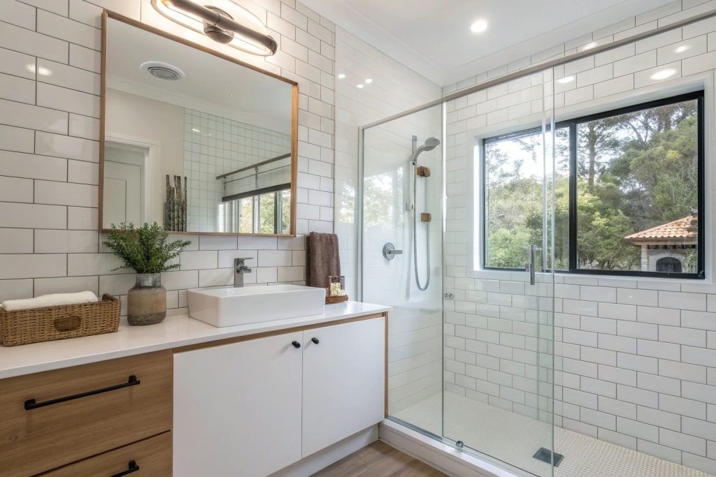 Clean modern shower with properly maintained tiles and grout in Hobart bathroom