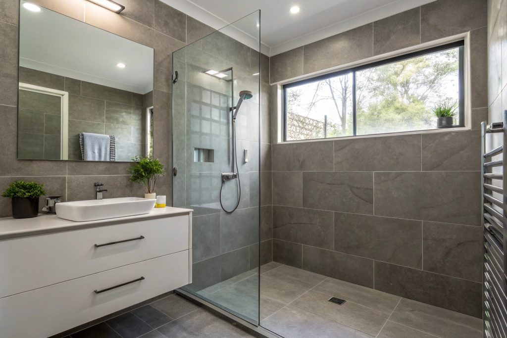 Budget bathroom renovation in Hobart with frameless walk-in shower