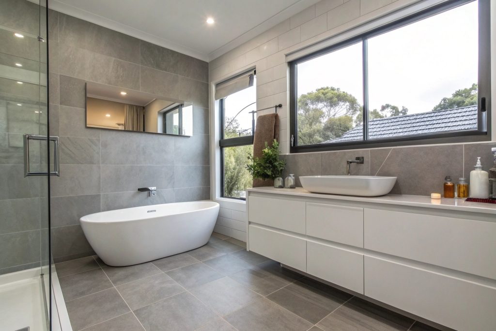 Modern bathroom floor with large format grey tiles in Hobart home