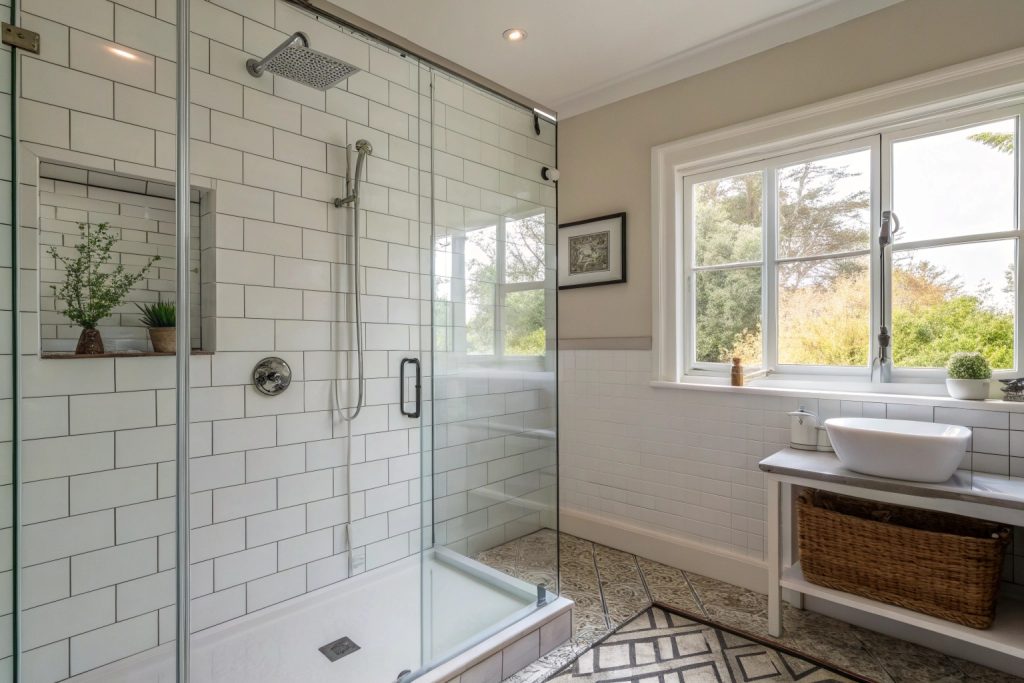 Modern bathroom shower with glass screen in Hobart home