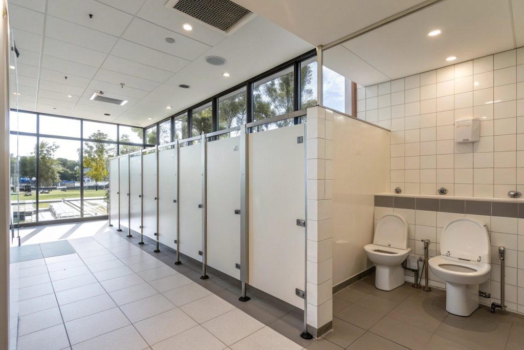 Modern commercial bathroom with white tiles and stainless steel fixtures in Hobart business