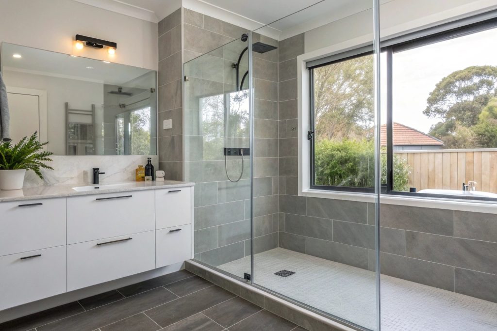 Modern walk-in shower with frameless glass screen installed in a Hobart bathroom