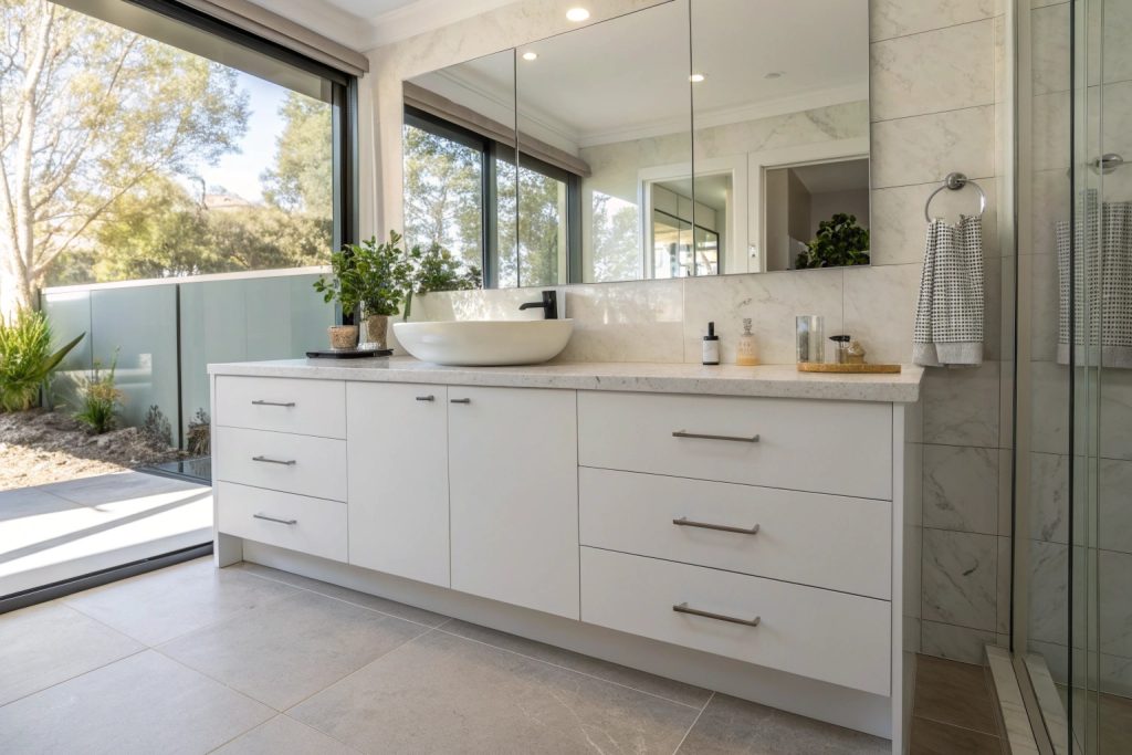 Modern white bathroom vanity with soft-close drawers installed in a Hobart bathroom renovation