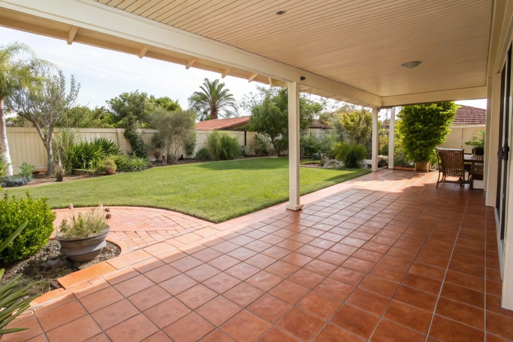 Outdoor tiled patio area in Hobart backyard showing durable floor tiles