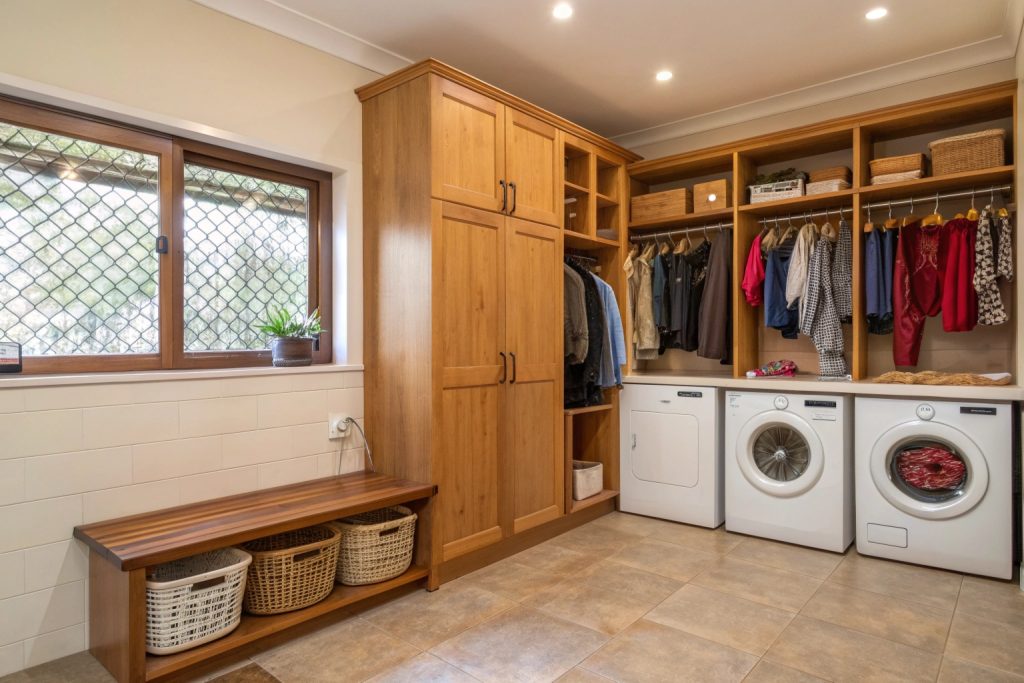 Multi-purpose laundry and mud room renovation with smart storage in Hobart property
