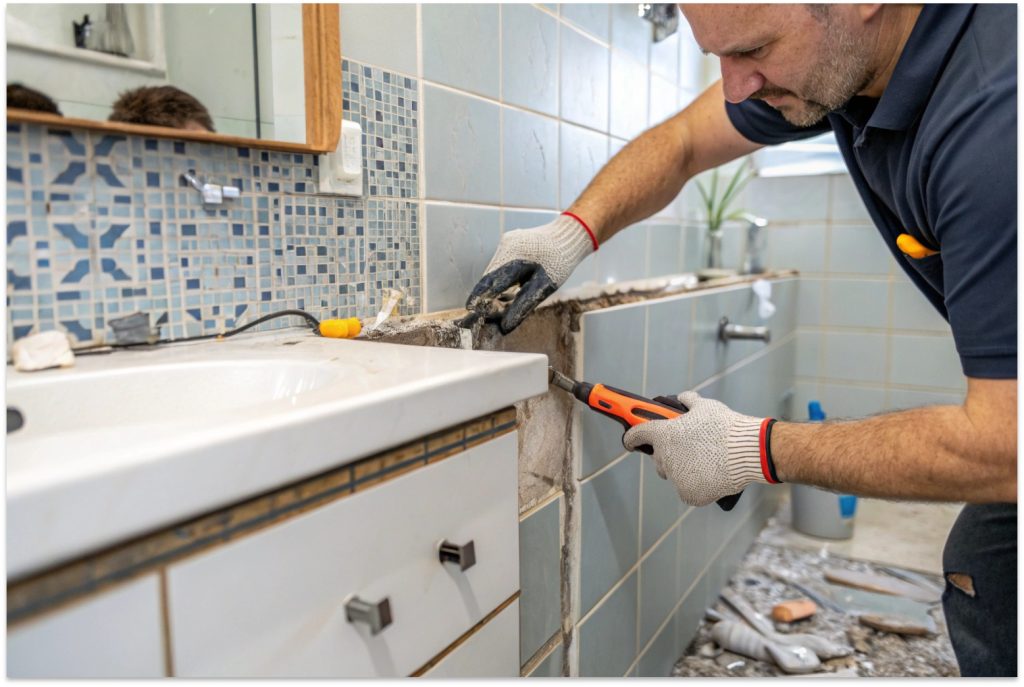 Professional tile replacement specialist removing damaged tile in Hobart bathroom