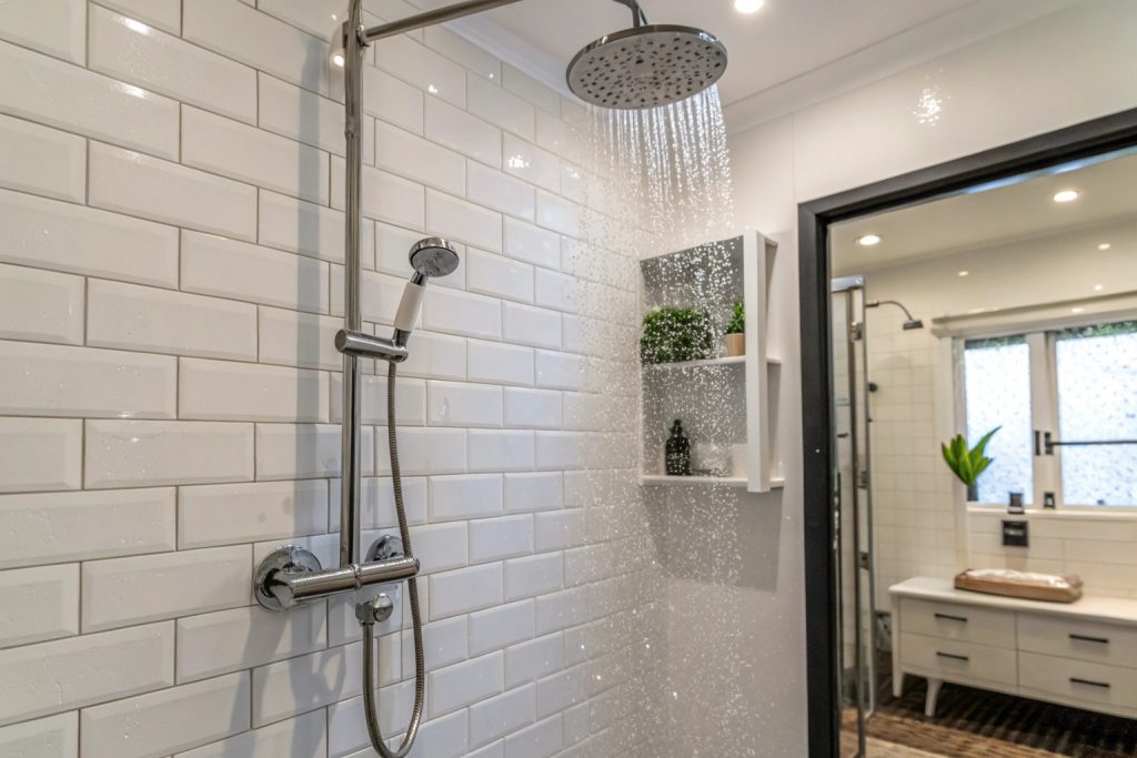 Renovated ensuite shower with fresh white tiles in a Hobart home
