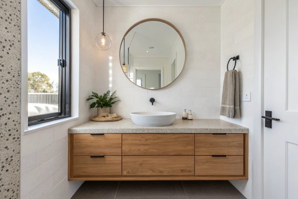 Updated Hobart bathroom with floating timber-look vanity and stone benchtop