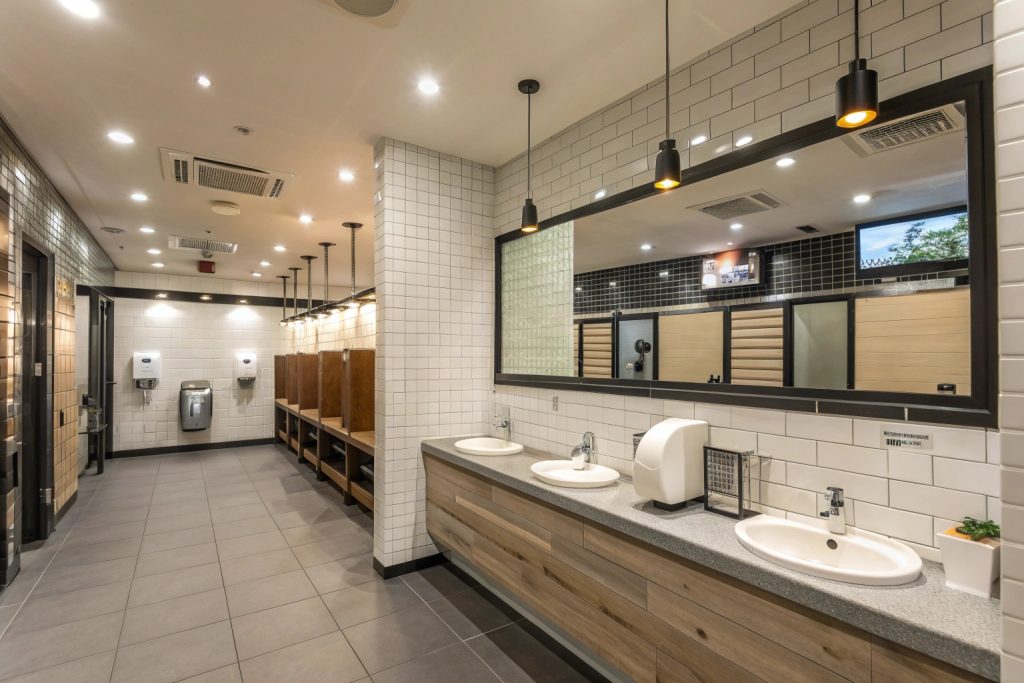 Restaurant commercial bathroom with durable fixtures and modern design in Hobart hospitality venue