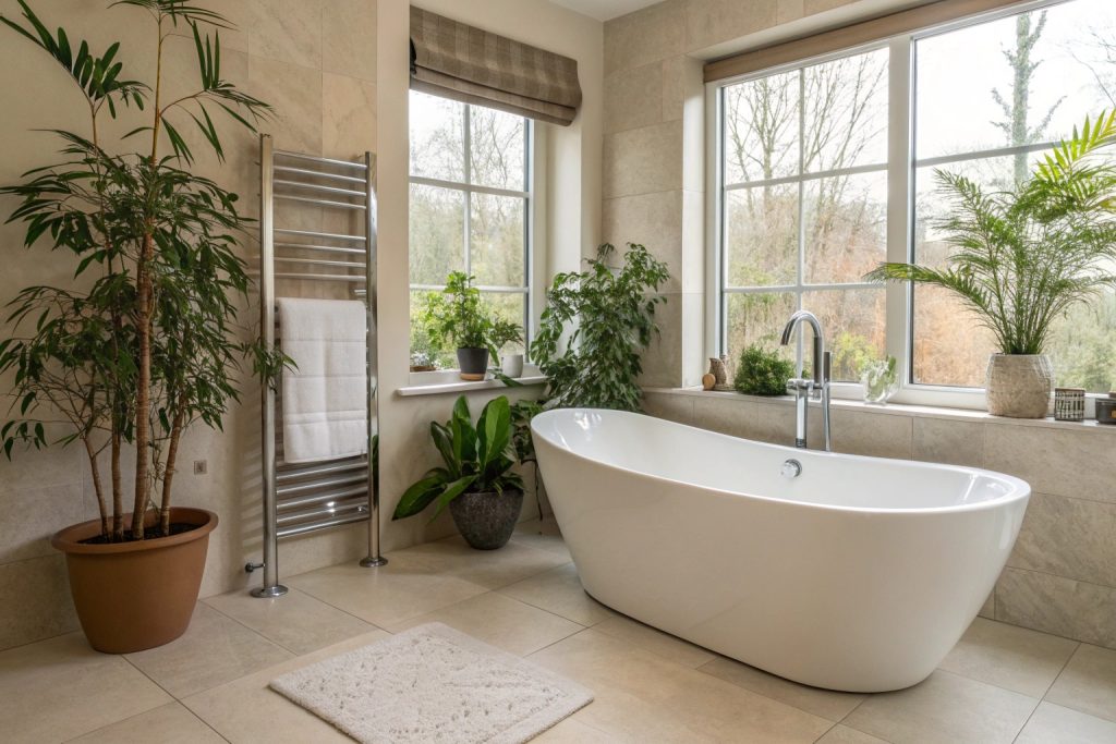 Spa-style bathroom with freestanding bath and natural light in Hobart home