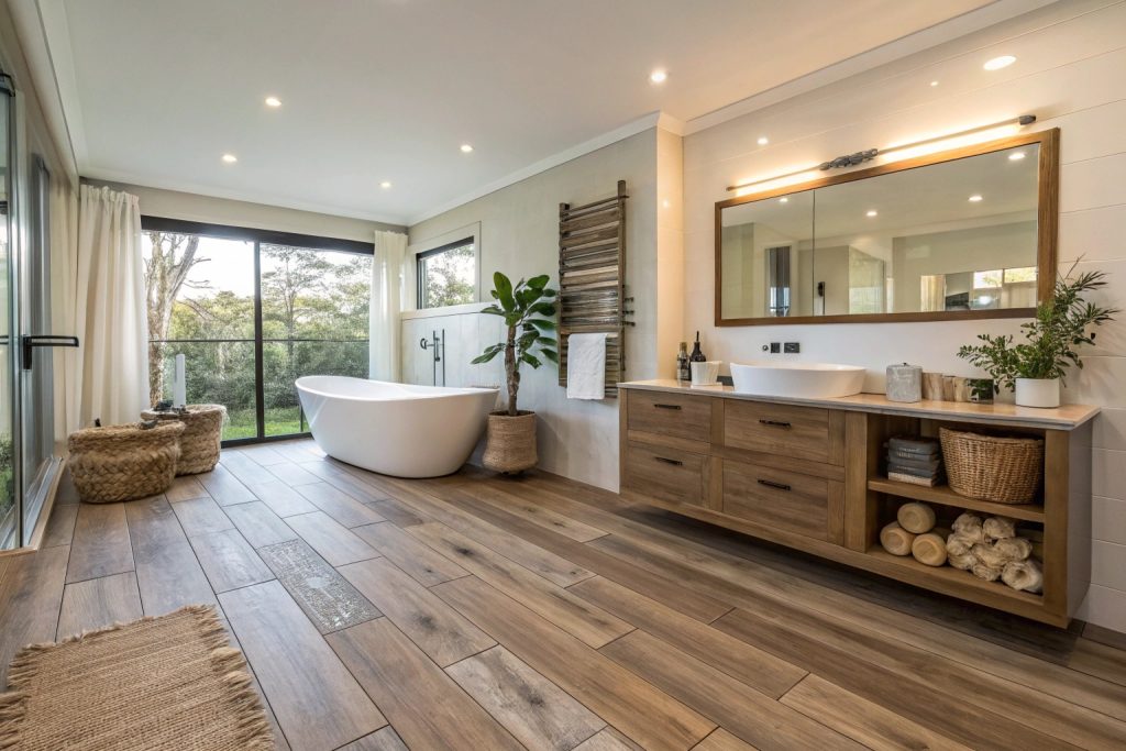 Wood-look plank tile flooring installation in contemporary Hobart bathroom
