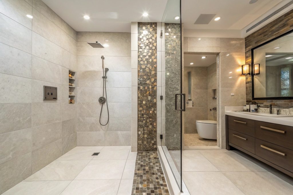 Modern shower with metallic mosaic tile accent strip in Hobart bathroom