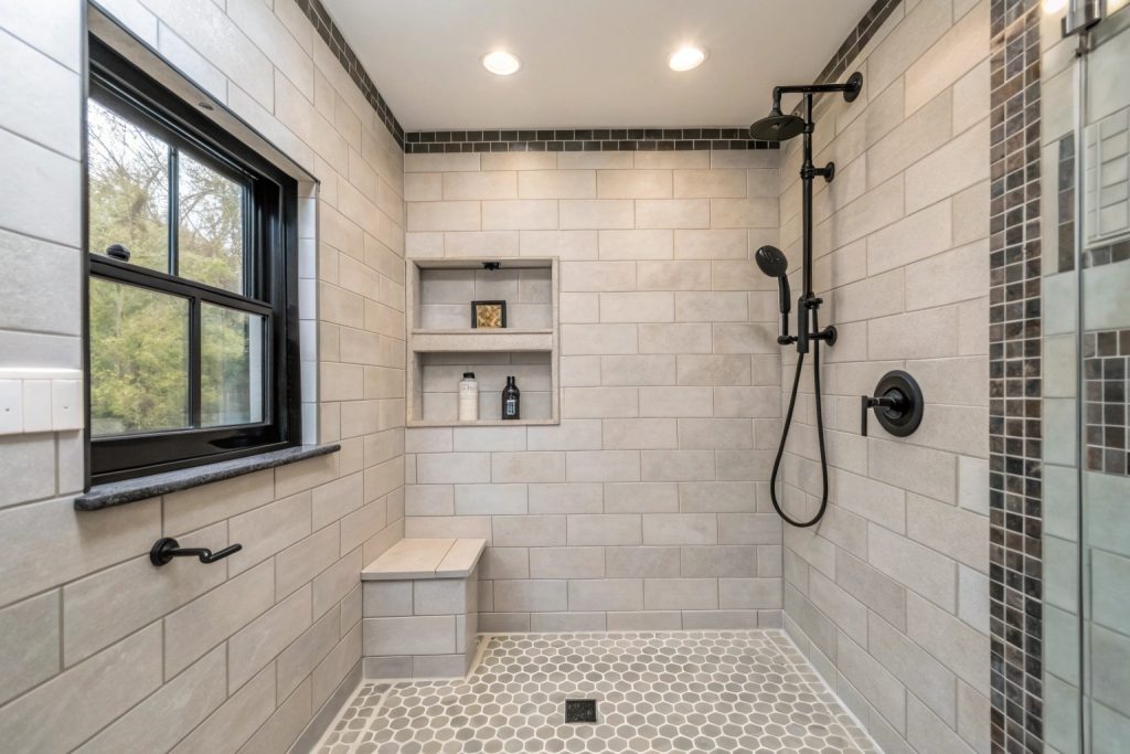 Bespoke bathroom design with spacious tiled shower and matte black fixtures in a Hobart home