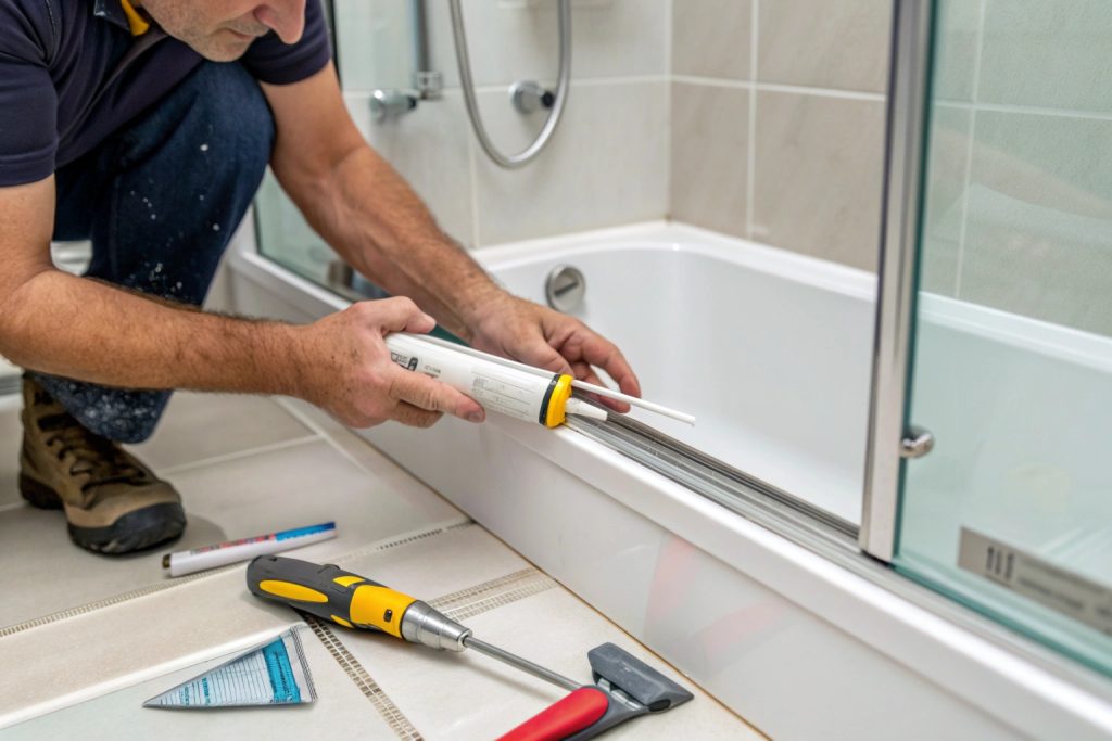 Tradesperson applying silicone sealant during a shower waterproofing repair