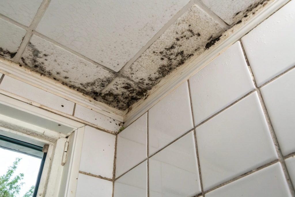 Black mould growth on bathroom ceiling caused by water leak in Hobart home