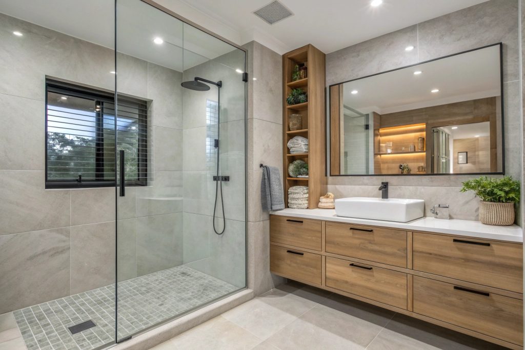 Contemporary bathroom design Blackmans Bay with frameless shower and quality tiles