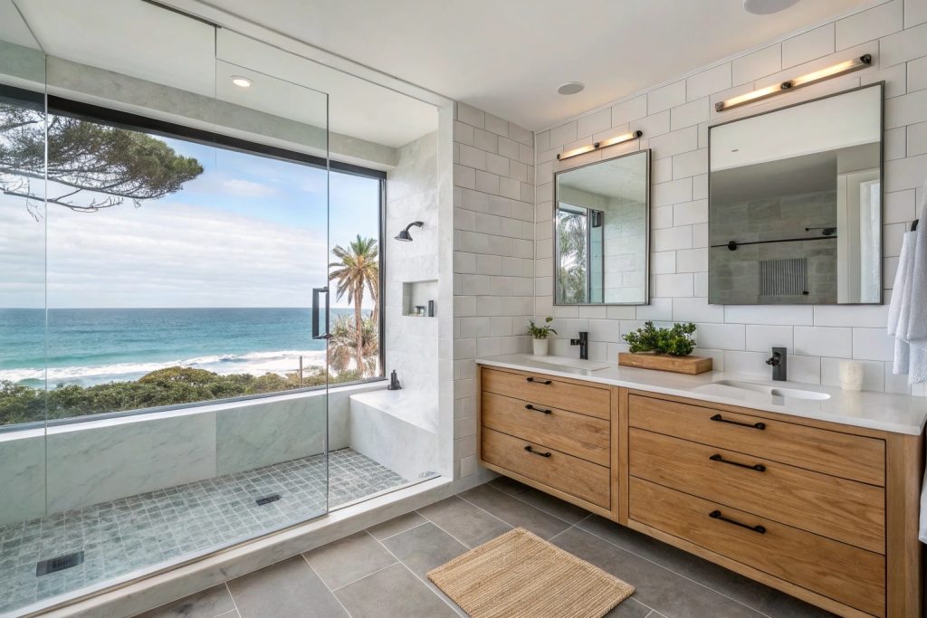 Modern bathroom renovation Blackmans Bay with coastal design and ocean views