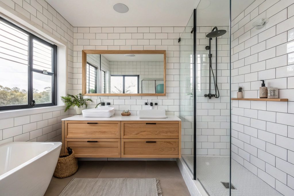 Compact modern bathroom with white subway tiles renovated in a Hobart home