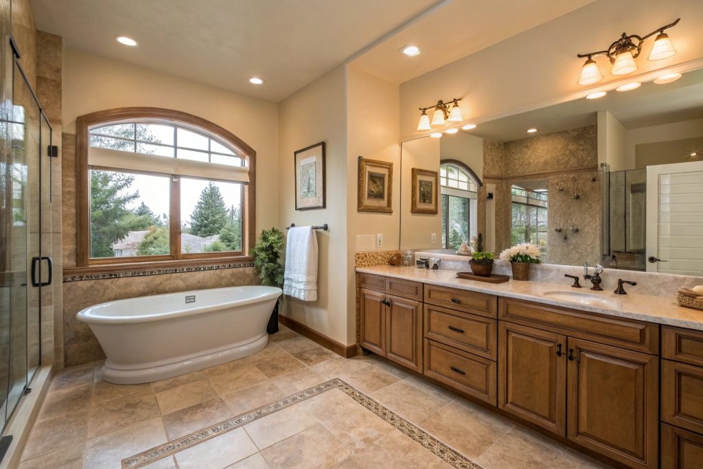 Family bathroom renovation Blackmans Bay with dual vanities and bathtub