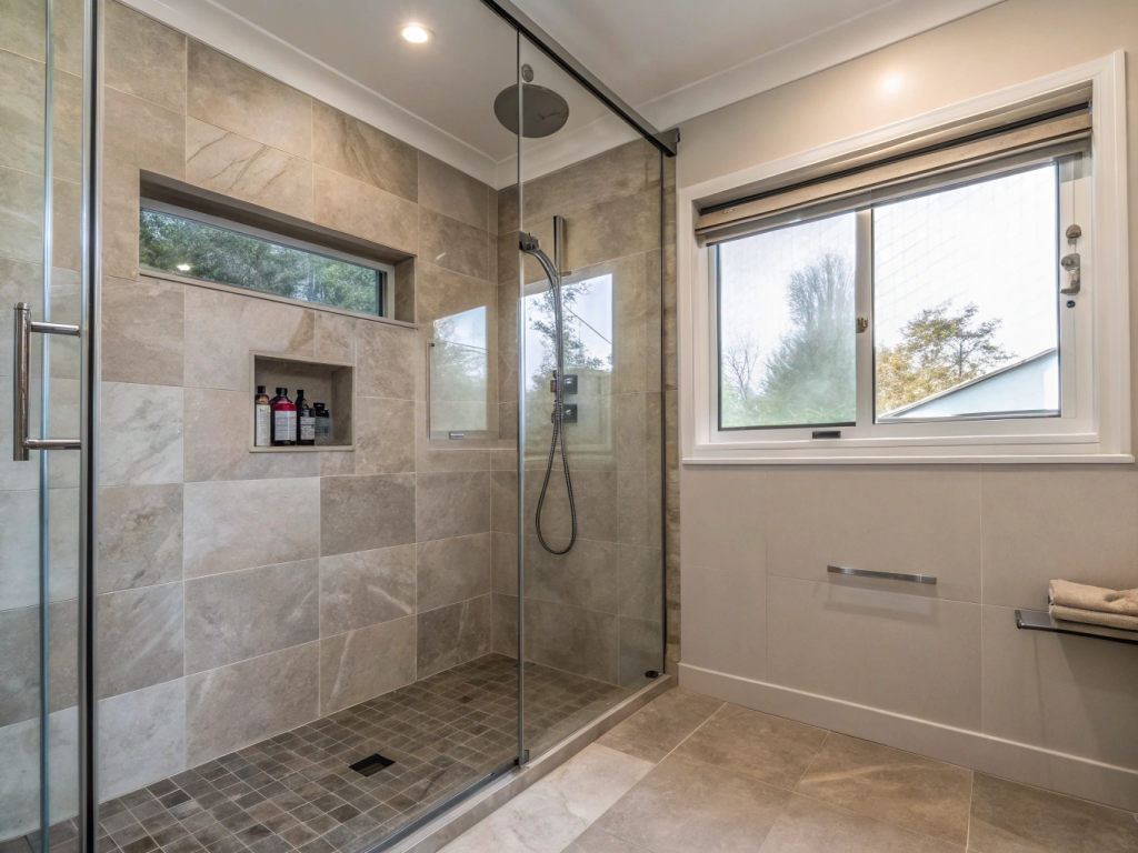 High-end bathroom vanity with stone benchtop and wall-hung storage in a Mount Nelson home