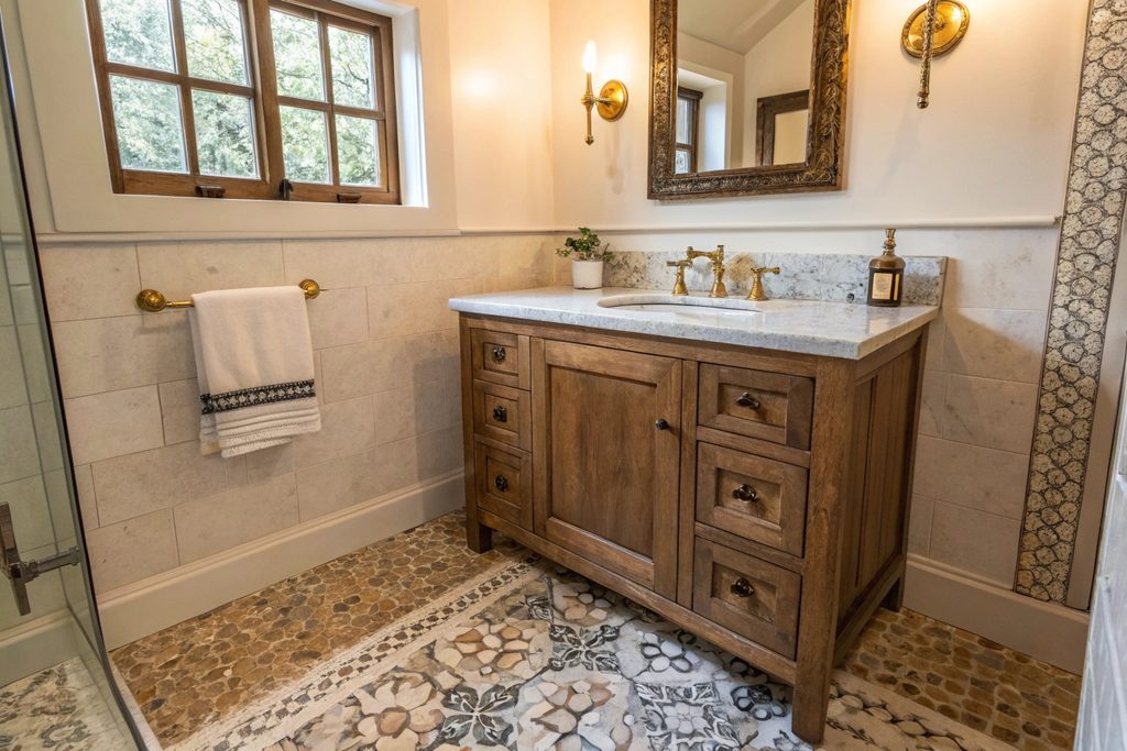 Finished heritage ensuite bathroom with restored sash window and stone vanity