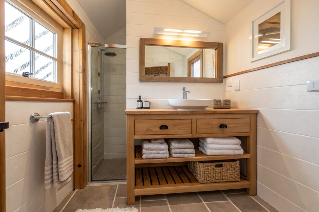 Warm modern ensuite with heated floors and timber vanity in Hobart home