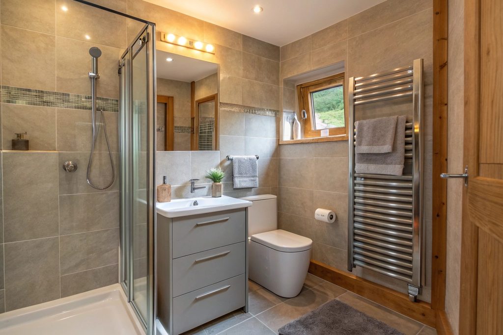Renovated ensuite bathroom in a Hobart home with grey tiles and glass shower